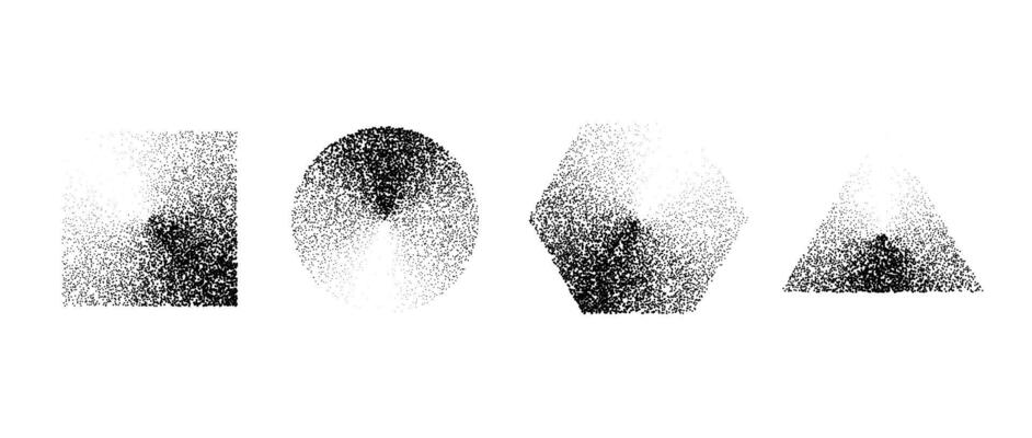 Set of stippled gradient shapes. Black dotted square, circle, hexagon and triangle collection. Textured noise grain dot work elements. Half tones and shadows gritty bundle. Geometric forms