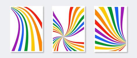 Rainbow sunburst and path prints set. Abstract colorful poster collection. Geometric star burst psychedelic wallpapers pack. Pride month and lgbt rights concept templates bundle. vector