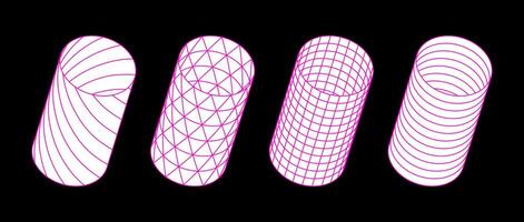 Collection of cylinder with different patterns. Striped and checkered 3d tubes set. White and pink geometric elements for design templates, icons, logo. tunnels pack vector