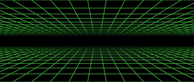 Neon green flat wireframe grid. Vanishing checkered floor and ceiling concept. Horizontal chessboard planes fading in perspective. Top and bottom lattice surface background. Abstract vector