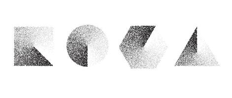 Set of stippled gradient shapes. Black dotted square, circle, hexagon and triangle collection. Textured noise grain dot work elements. Half tones and shadows gritty effect bundle. vector