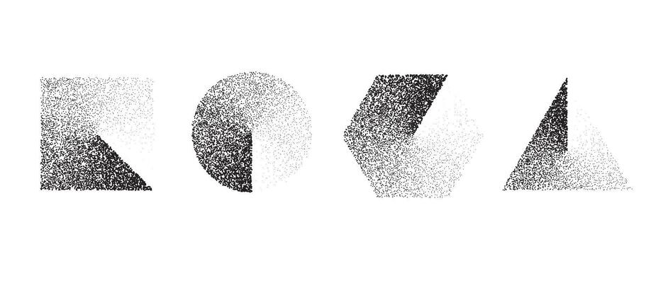 Set of stippled gradient shapes. Black dotted square, circle, hexagon and triangle collection. Textured noise grain dot work elements. Half tones and shadows gritty effect bundle.