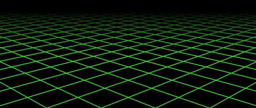 Neon green diagonal wireframe grid. Fading checkered tile floor landscape. Horizontal chessboard plane vanishing in perspective. Flat lattice surface background. vector