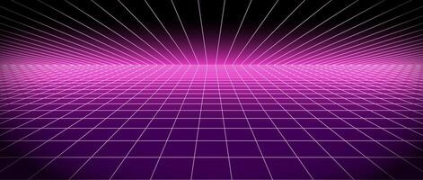 Retro futuristic grid background vanishing in distance. Bright neon pink glowing tile floor and ceiling fading in perspective. Lattice plane landscape wallpaper. Abstract horizontal surface. vector