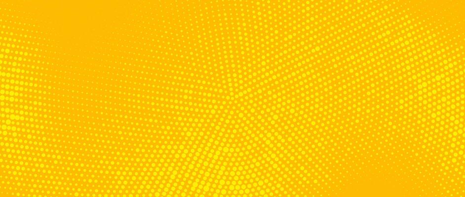 Yellow radial halftone background. Retro comic grain pixel texture. Pixelated dots cartoon wallpaper. Pop art fading wavy gradient pattern. Vanishing gritty backdrop.