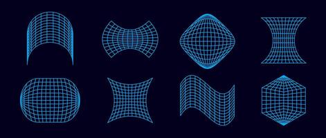 Neon blue geometric wireframe collection. Abstract surface grid of different shape. Distorted perspective planes and object set. Element bundle for posters, flyers, collages, templates vector