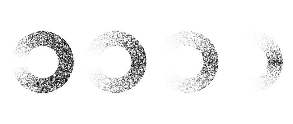 Set of textured gradient rings. Black dotted circles collections. Stippled round elements pack. Fading noise grain dotwork shapes. Halftone effect illustration bundle.