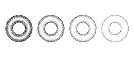 Set of textured gradient rings. Black dotted circles collections. Stippled round elements pack. Fading noise grain dotwork shapes. Halftone effect illustrations. vector