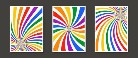 Set of rainbow sunburst prints. Abstract colorful poster collection. Geometric star burst psychedelic wallpapers pack. Pride month and lgbt rights concept templates bundle. vector