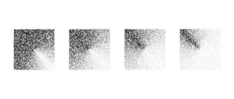Fading square gradient set. Black dotted texture element collection. Stippled shade object pack. Noise grain dotwork shapes. Radial halftone effect bundle. vector
