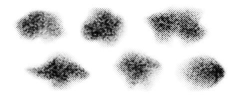 Abstract halftone texture stains. Grunge noise grain shapes set. Black comic spray splashes and spots. Dotted gradient elements and splatter forms collection. Pop art bundle vector
