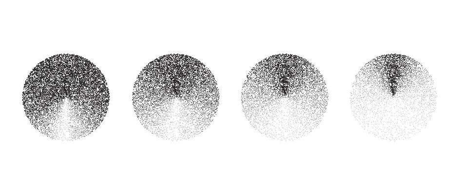 Set of textured gradient circles. Black dotted disk collections. Stippled round elements pack. Fading noise grain dotwork shapes. Halftone effect illustrations bundle.