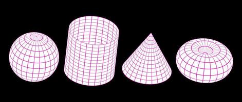 Wireframe shapes collection. 3d outline sphere, cylinder, cone and torus. Pink and white geometric elements for design templates, icons, logo. Abstract lattice objects with connected lines. vector