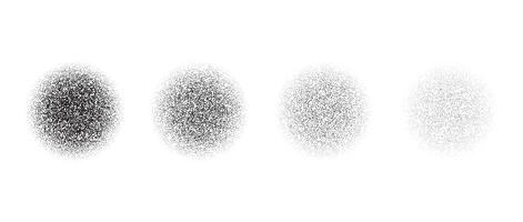 Set of circle stippled texture. Black dotted gritty round element collection. Fading noise grain dot work shapes. Vanishing half tones and shadows effect illustration bundle. vector