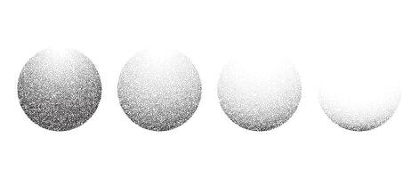 Spheres set with textured gradient. Black dotted circles collection. Stippled round elements pack. Fading noise grain dot work shapes. Vanishing halftone effect illustration bundle. vector