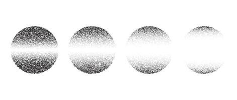 Set of textured linear gradient circles. Black dotted fading spheres collections. Stippled round elements pack. Vanishing noise grain dot work shapes. Halftone effect illustrations bundle. vector
