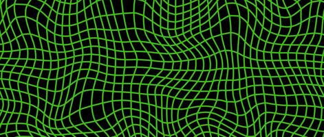 Distorted green wireframe background. Abstract wavy checkerboard wallpaper. Warped and curved grid surface pattern. Geometric texture with optical illusion effect. vector