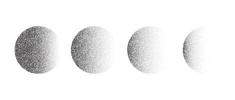 Set of textured gradient spheres. Black dotted circles collections. Stippled round elements pack. Fading noise grain dotwork shapes. Halftone effect illustrations bundle. vector
