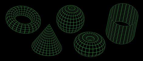 Green neon wireframe shapes collection. 3d outline sphere, cylinder, cone and torus. Geometric elements for design templates, icons, logo. Abstract lattice objects with connected lines. vector