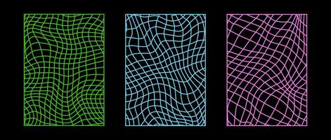 Set of distorted wireframe backgrounds. Abstract neon colored wavy checkerboard wallpapers collection. Warped and curved grid surface pattern. Geometric green, blue, pink textures. vector