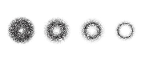 Set of textured gradient circles. Black dotted rings collections. Stippled round elements pack. Fading noise grain dotwork shapes. Halftone effect illustrations bundle. vector