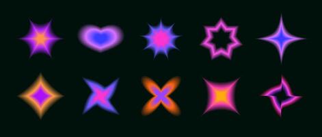 Smooth blurred gradient flowers, stars and hearts set. Y2K blurry aura shapes collection. Colorful neon abstract trendy elements for logo, template, badge, sticker, collage, decoration. vector