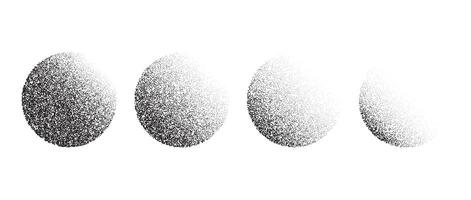 Set of textured gradient spheres. Black dotted circles collections. Stippled grain round elements pack. Fading noise gradient dotwork shapes. Stippled or halftone effect illustrations bundle. vector
