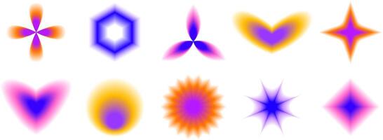 Smooth blurred gradient flowers, stars and hearts set. Y2K blurry aura shapes collection. Colorful abstract trendy elements for logo, templates, badges, stickers, collages. vector