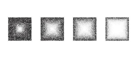 Fading square gradient set. Black dotted texture element collection. Stippled shade object pack. Noise grain dotwork shapes. Halftone effect illustrations bundle. vector