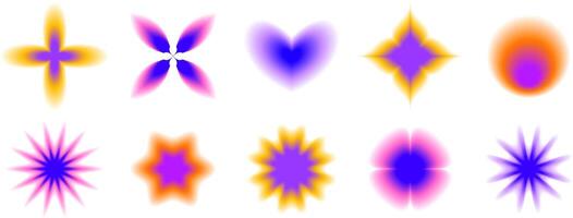 Smooth blurred gradient flowers, stars and heart set. Y2K blurry aura shape collection. Colorful abstract trendy elements for logo, templates, badges, stickers, collages. vector