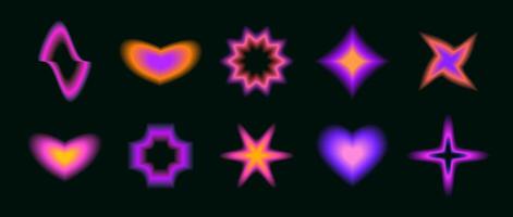 Smooth blurred gradient flowers, stars and hearts set. Y2K blurry aura shapes collection. Colorful neon abstract trendy elements for logo, templates, badges, stickers, collages. vector