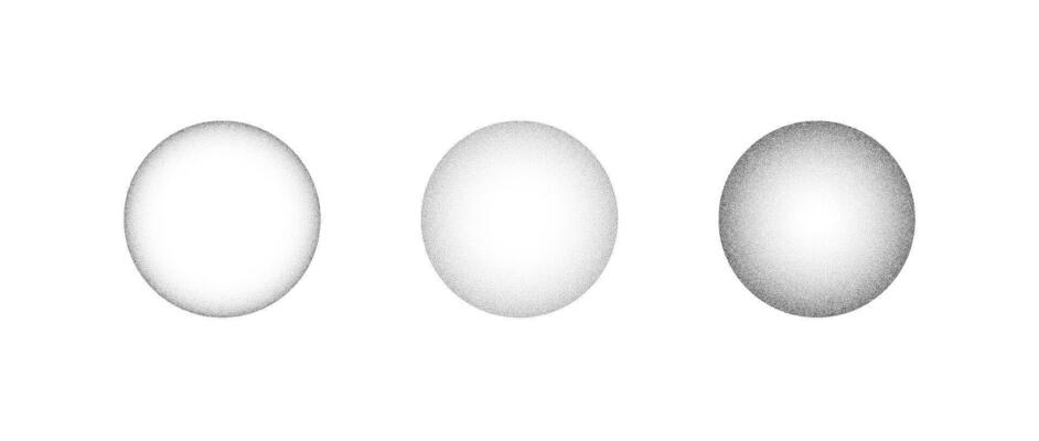Textured gradient spheres set. Dotted circles collection. Stippled round elements pack. Fading noise grain dotwork shapes. Light half tones and shadows effect illustration bundle.