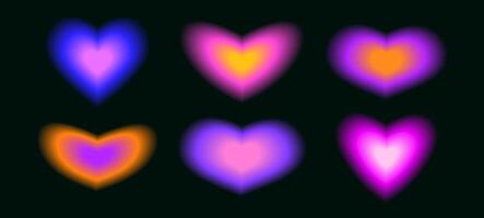 Trendy blurry heart shape set. Y2k aura collection. Blurred smooth gradient elements for logo, templates, badges, stickers, collages. Pack on dark background vector