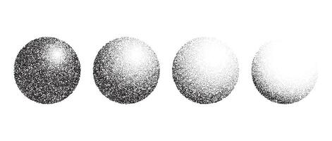 Textured gradient spheres set. Black dotted circles collection. Stippled round elements pack. Fading noise grain dotwork shapes. Vanishing halftone effect illustrations bundle. vector