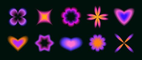 Smooth blurred gradient flowers, stars and hearts set. Y2K aura shapes collection. Colorful neon abstract trendy elements for logo, templates, badges, stickers, collages. vector