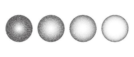 Textured gradient spheres set. Black dotted circles collections. Stippled round elements pack. Fading noise grain dotwork shapes. Halftone effect illustrations bundle. Vintage retro vector