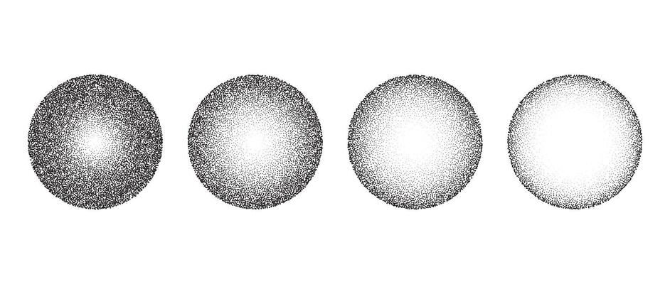 Textured gradient spheres set. Black dotted circles collections. Stippled round elements pack. Fading noise grain dotwork shapes. Halftone effect illustrations bundle. Vintage retro