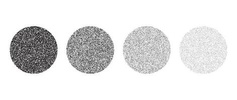 Set of stippled circle texture. Black dotted gritty round element collection. Noise grain dot work sphere shapes. Half tones and shadows effect illustration bundle. vector