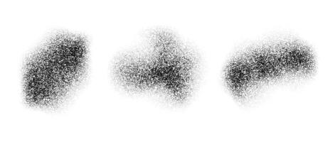 Abstract fluid dotted gradients stains. Noise grain texture shapes set. Black stippled spray splashes and sand dust spots. Dotwork elements and halftone splatter forms collection. vector