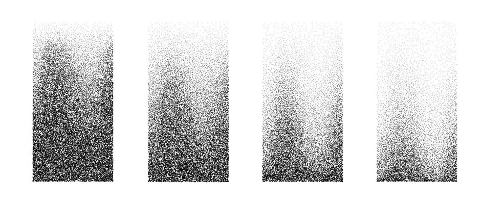 Set of fading wavy rectangular gradients. Black vertical dotted textured element collection. Stippled halftone object pack. Noise grain dotwork shapes. Vanishing engraved shade effects bundle.