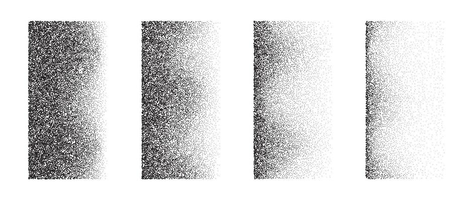 Set of fading wavy rectangular gradients. Black dotted texture element collection. Stippled shade object pack. Noise grain dotwork shapes. Vanishing halftone effect illustrations bundle.
