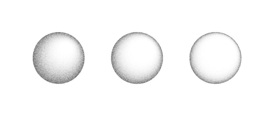 Textured gradient spheres set. Black dotted circles collection. Stippled round elements pack. Fading noise grain dotwork shapes. Light half tones and shadows effect illustration bundle.