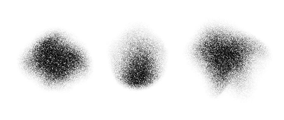 Abstract fluid stippled gradients stains. Noise grain texture shapes set. Black dotted spray splashes and sand dust spots. Dotwork elements and halftone splatter forms collection.
