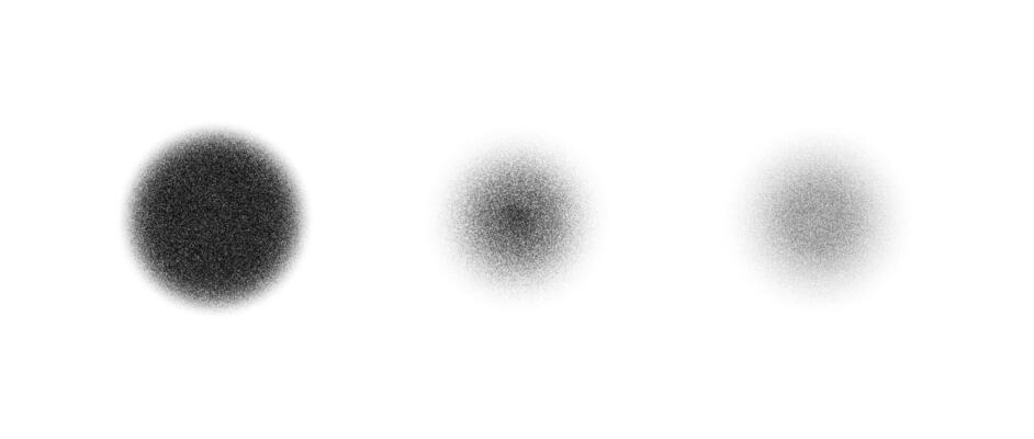 Stippled texture circle set. Black dotted round element collection. Fading noise grain dot work shapes. Vanishing half tones and shades effect illustration bundle.