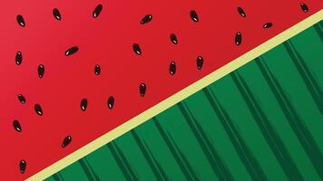 Flat watermelon background template with watermelon pulp, striped rind, and black seeds vector