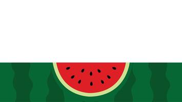 Flat watermelon slice, black seeds, and green striped rind border background vector
