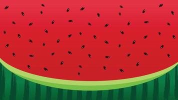 Flat cartoon watermelon background with black seeds and brush striped rind on red background vector