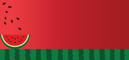 Watermelon banner background template in flat style, featuring a slice, striped green rind, black seeds, and space for text vector