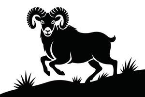 Black Ram Silhouette Jumping Over Grass on White Background vector