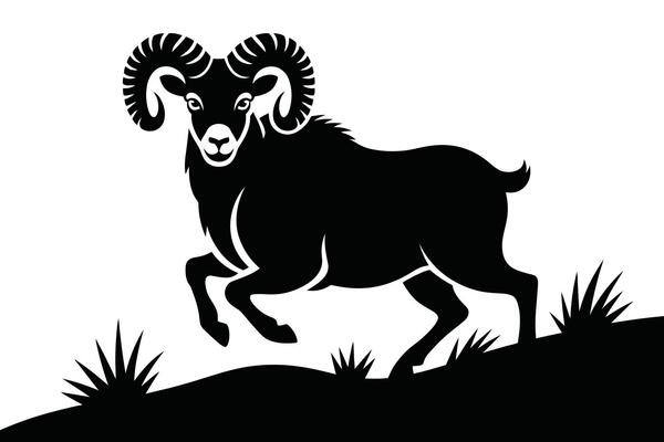 Black Ram Silhouette Jumping Over Grass on White Background